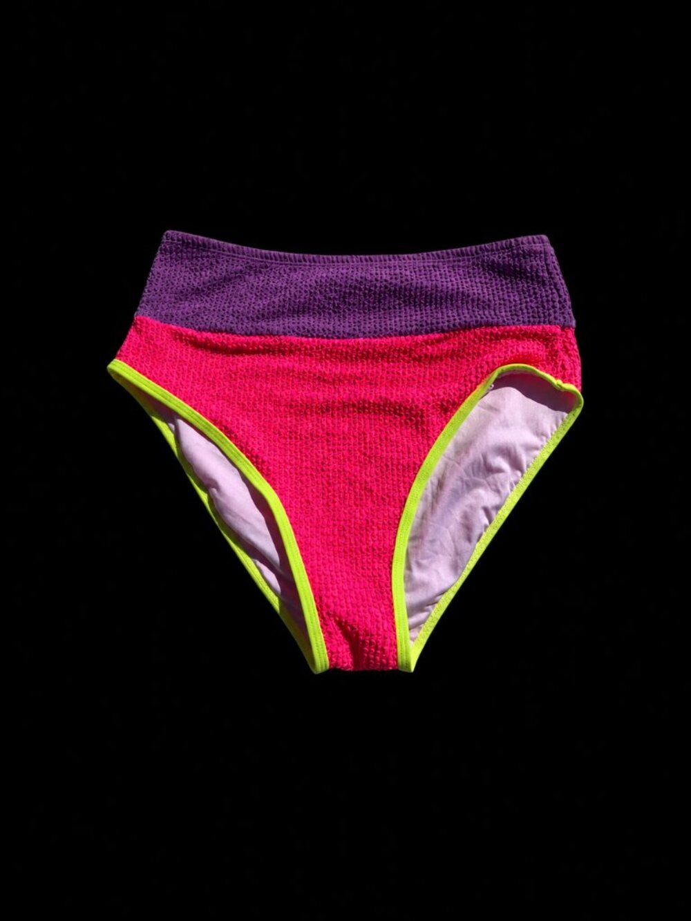Women’s Colorblock Textured Bikini Bottoms Pink Purple Neon Trim Swimwear, M